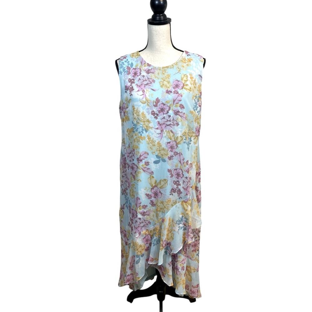 NWT Calvin Klein Pastel Floral Sleeveless Asymmetrical Ruffle Hem Dress Size 14